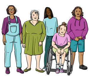 Vernetzungs-Frauen 5 Frauen sind neben-einander. 4 Frauen stehen. 1 Frau sitzt in einem Rollstuhl. Alle Frauen sehen unterschiedlich aus. Sie haben verschiedene Haut-Farben. Sie tragen unterschiedliche Kleidung. Sie sind unterschiedlich alt.